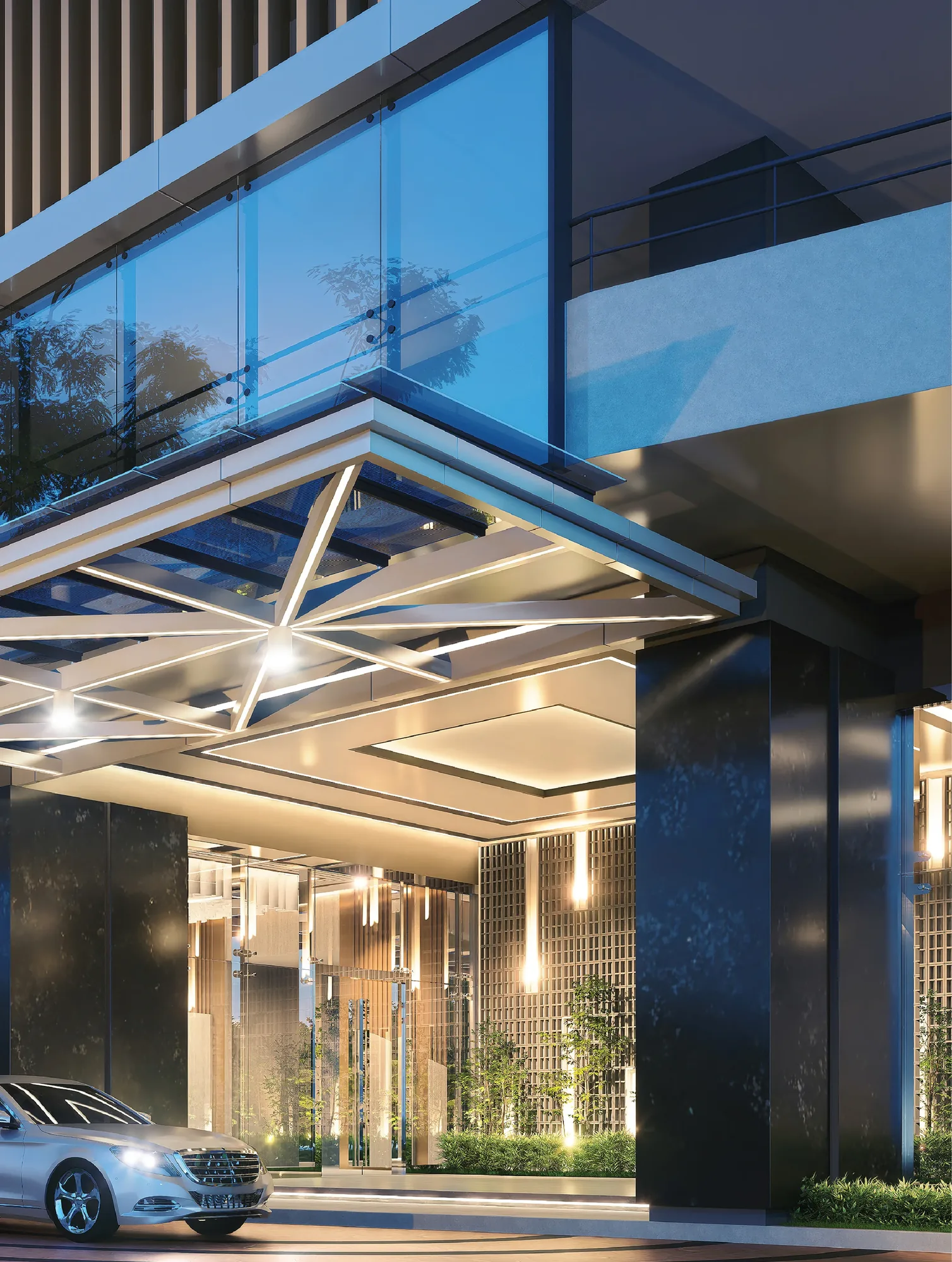 Grand arrival canopy and lobby entrance at Aethera Residences